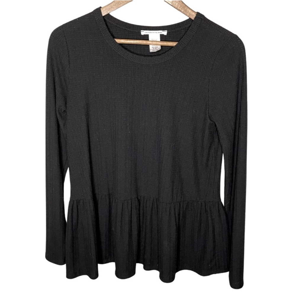 Caution to the Wind Black Crewneck Peplum Thermal Top Size Medium